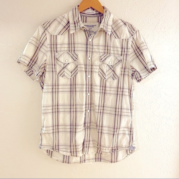 American Eagle Vintage Fit Pearl Snap Shirt Men's Size‎ M Beige Plaid - Picture 1 of 10